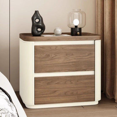 Modern Minimalist Rectangular Solid Wood Saddle Leather Nightstand 2-Drawer For Bedroom