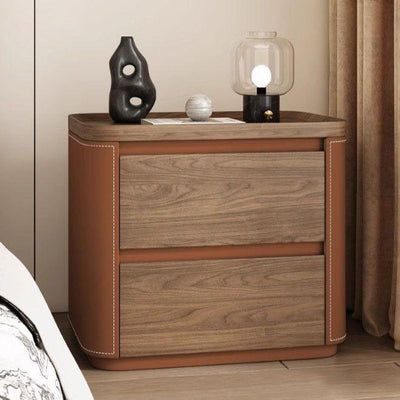 Modern Minimalist Rectangular Solid Wood Saddle Leather Nightstand 2-Drawer For Bedroom