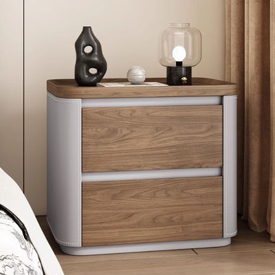 Modern Minimalist Rectangular Solid Wood Saddle Leather Nightstand 2-Drawer For Bedroom