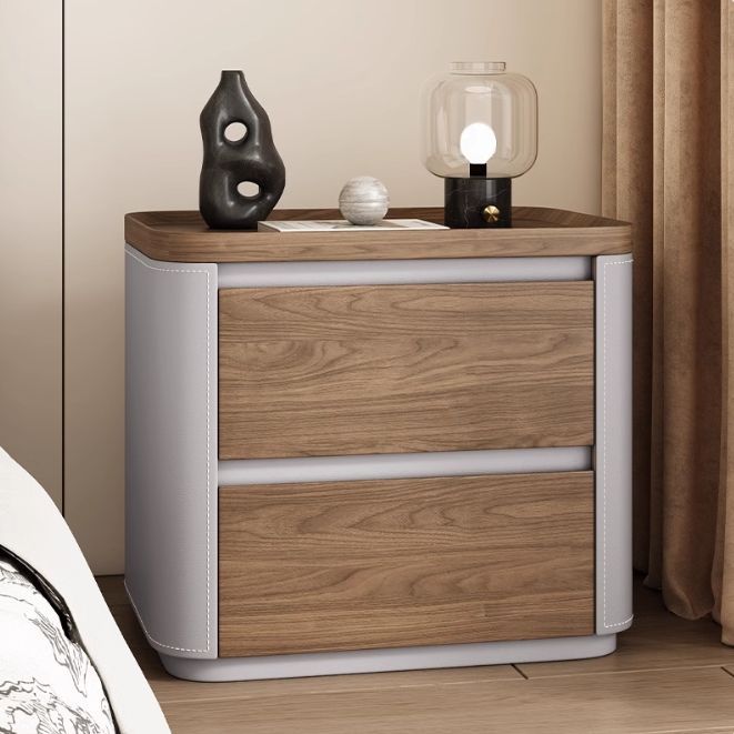 Modern Minimalist Rectangular Solid Wood Saddle Leather Nightstand 2-Drawer For Bedroom