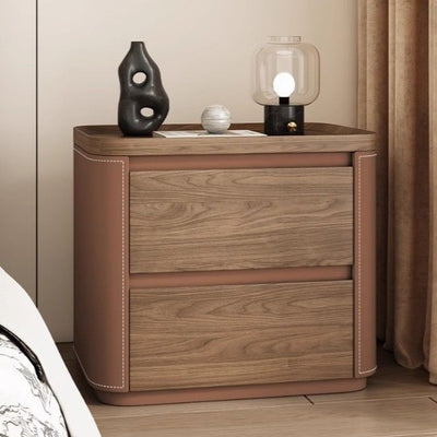 Modern Minimalist Rectangular Solid Wood Saddle Leather Nightstand 2-Drawer For Bedroom