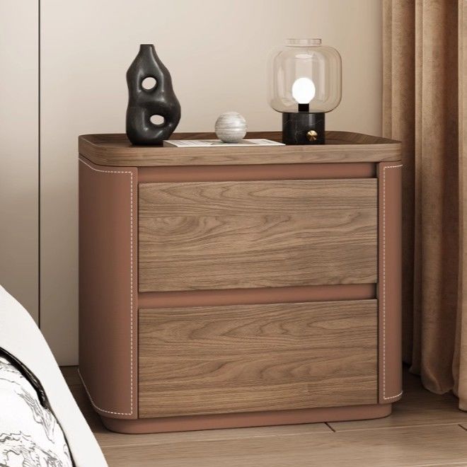Modern Minimalist Rectangular Solid Wood Saddle Leather Nightstand 2-Drawer For Bedroom
