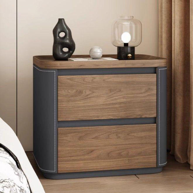 Modern Minimalist Rectangular Solid Wood Saddle Leather Nightstand 2-Drawer For Bedroom
