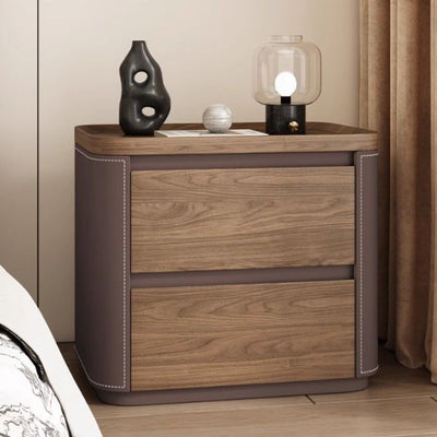Modern Minimalist Rectangular Solid Wood Saddle Leather Nightstand 2-Drawer For Bedroom