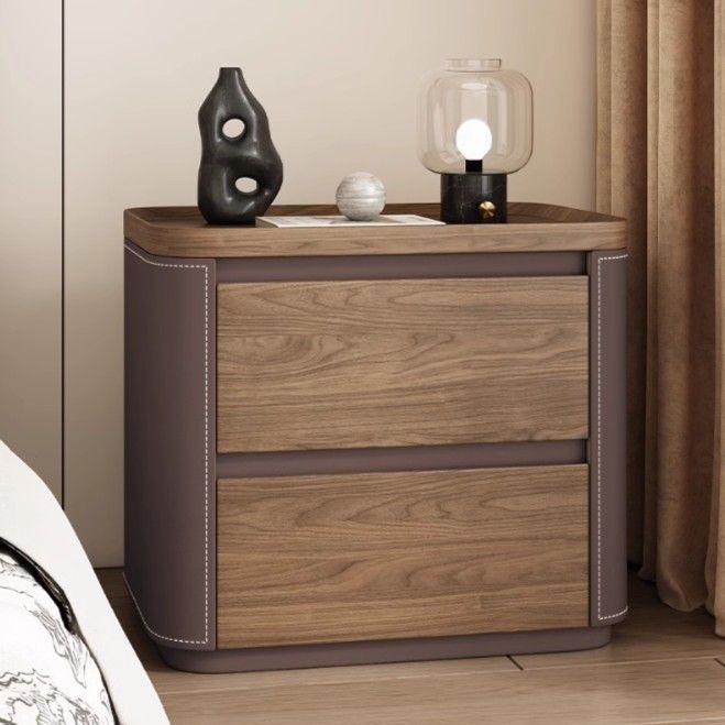 Modern Minimalist Rectangular Solid Wood Saddle Leather Nightstand 2-Drawer For Bedroom