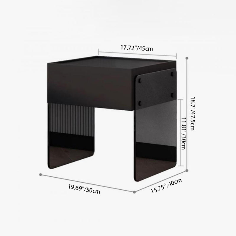 Modern Minimalist Rectangular Solid Wood Ecological Board Tempered Glass Nightstand 2-Leg 1-Drawer For Bedroom