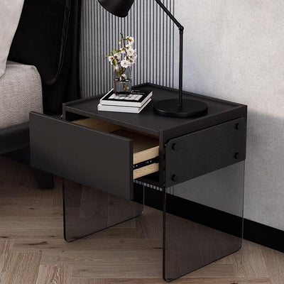 Modern Minimalist Rectangular Solid Wood Ecological Board Tempered Glass Nightstand 2-Leg 1-Drawer For Bedroom