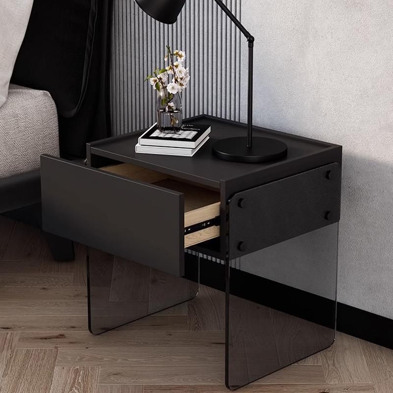 Modern Minimalist Rectangular Solid Wood Ecological Board Tempered Glass Nightstand 2-Leg 1-Drawer For Bedroom