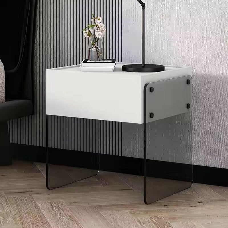 Modern Minimalist Rectangular Solid Wood Ecological Board Tempered Glass Nightstand 2-Leg 1-Drawer For Bedroom