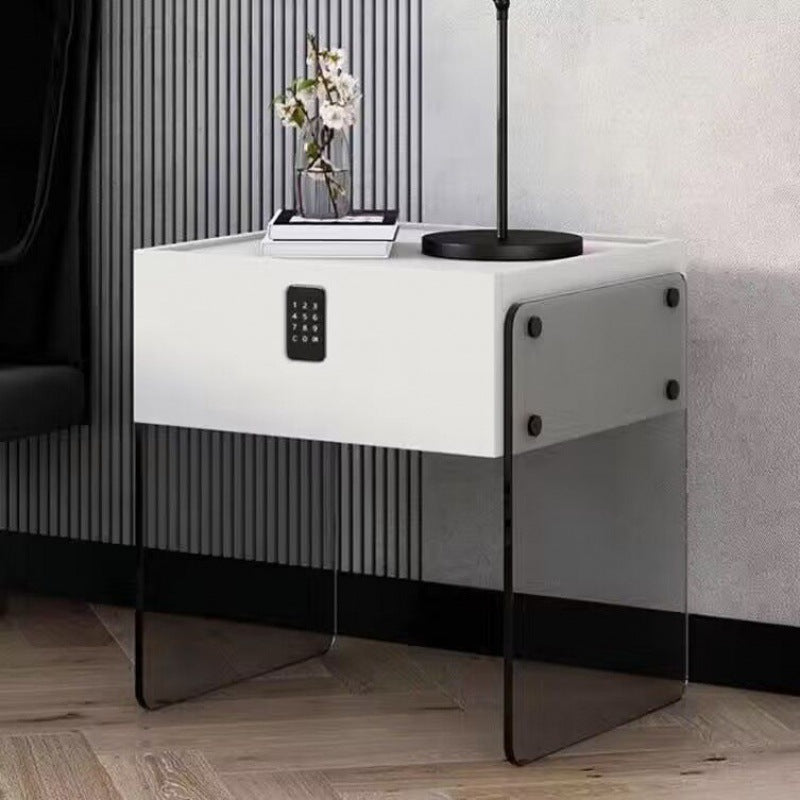 Modern Minimalist Rectangular Solid Wood Ecological Board Tempered Glass Nightstand 2-Leg 1-Drawer For Bedroom