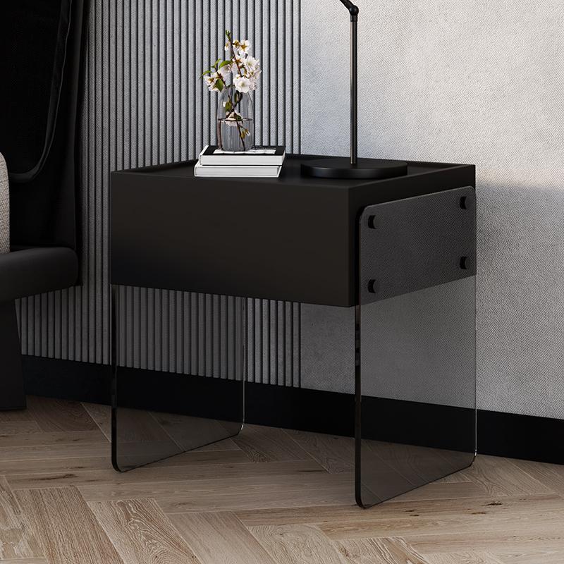 Modern Minimalist Rectangular Solid Wood Ecological Board Tempered Glass Nightstand 2-Leg 1-Drawer For Bedroom