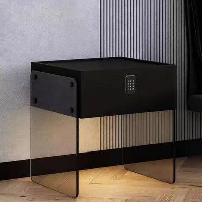 Modern Minimalist Rectangular Solid Wood Ecological Board Tempered Glass Nightstand 2-Leg 1-Drawer For Bedroom