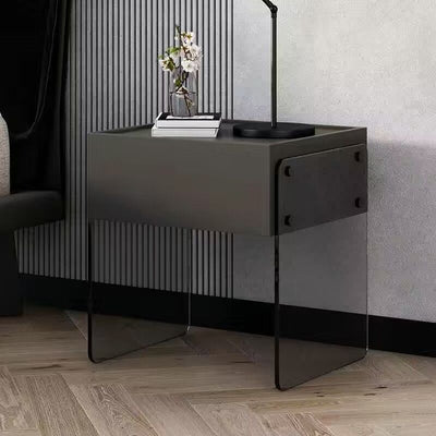 Modern Minimalist Rectangular Solid Wood Ecological Board Tempered Glass Nightstand 2-Leg 1-Drawer For Bedroom