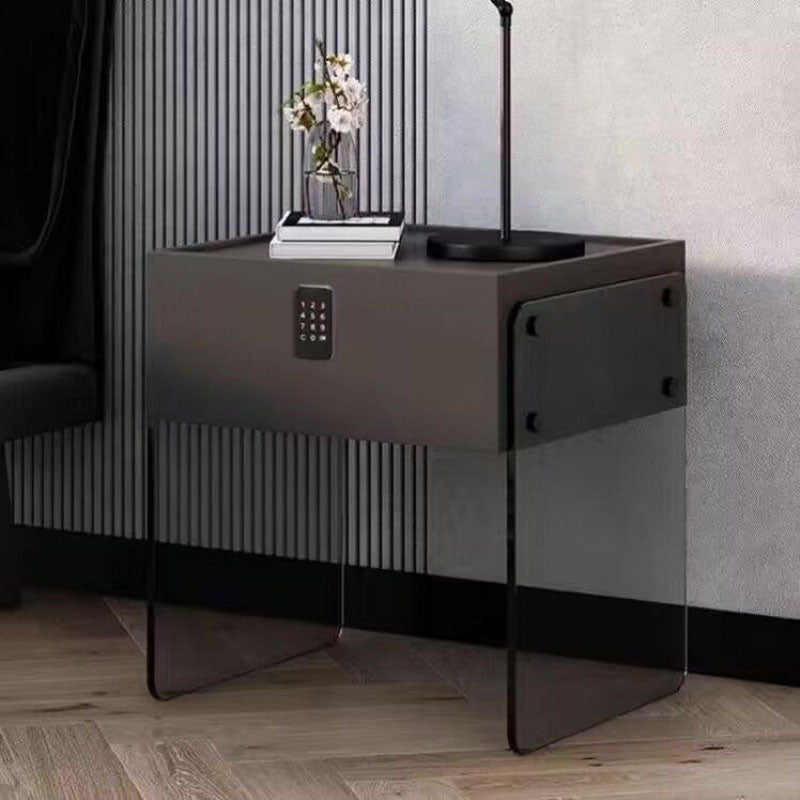 Modern Minimalist Rectangular Solid Wood Ecological Board Tempered Glass Nightstand 2-Leg 1-Drawer For Bedroom