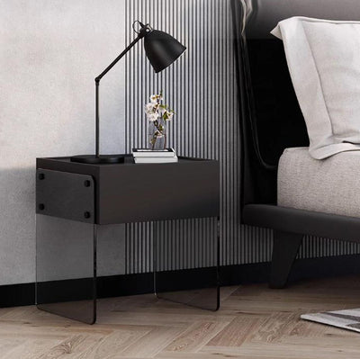 Modern Minimalist Rectangular Solid Wood Ecological Board Tempered Glass Nightstand 2-Leg 1-Drawer For Bedroom