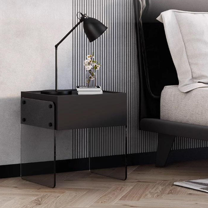 Modern Minimalist Rectangular Solid Wood Ecological Board Tempered Glass Nightstand 2-Leg 1-Drawer For Bedroom