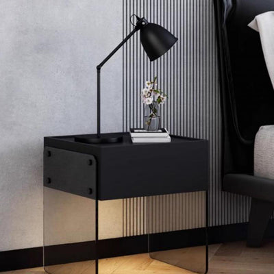 Modern Minimalist Rectangular Solid Wood Ecological Board Tempered Glass Nightstand 2-Leg 1-Drawer For Bedroom