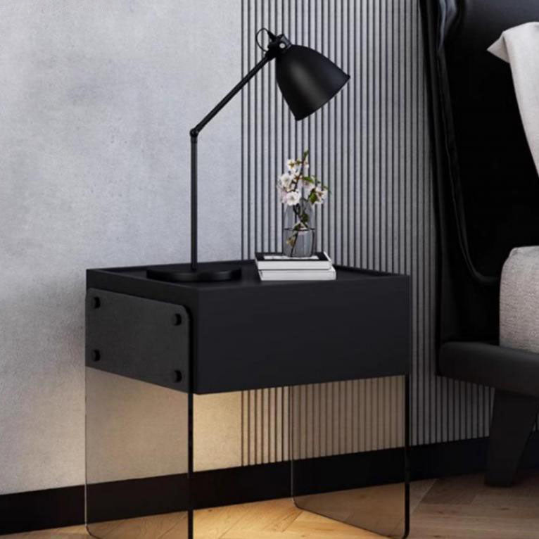 Modern Minimalist Rectangular Solid Wood Ecological Board Tempered Glass Nightstand 2-Leg 1-Drawer For Bedroom