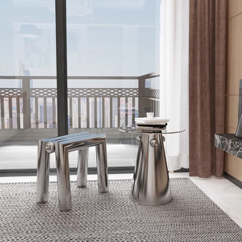 Modern Minimalist Round Tempered Glass Stainless Steel End Table Non-Slip Base For Living Room
