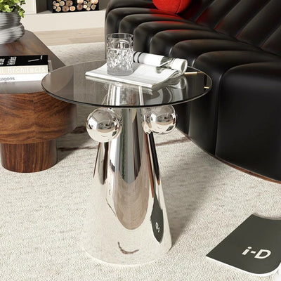 Modern Minimalist Round Tempered Glass Stainless Steel End Table Non-Slip Base For Living Room