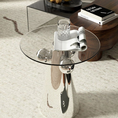 Modern Minimalist Round Tempered Glass Stainless Steel End Table Non-Slip Base For Living Room