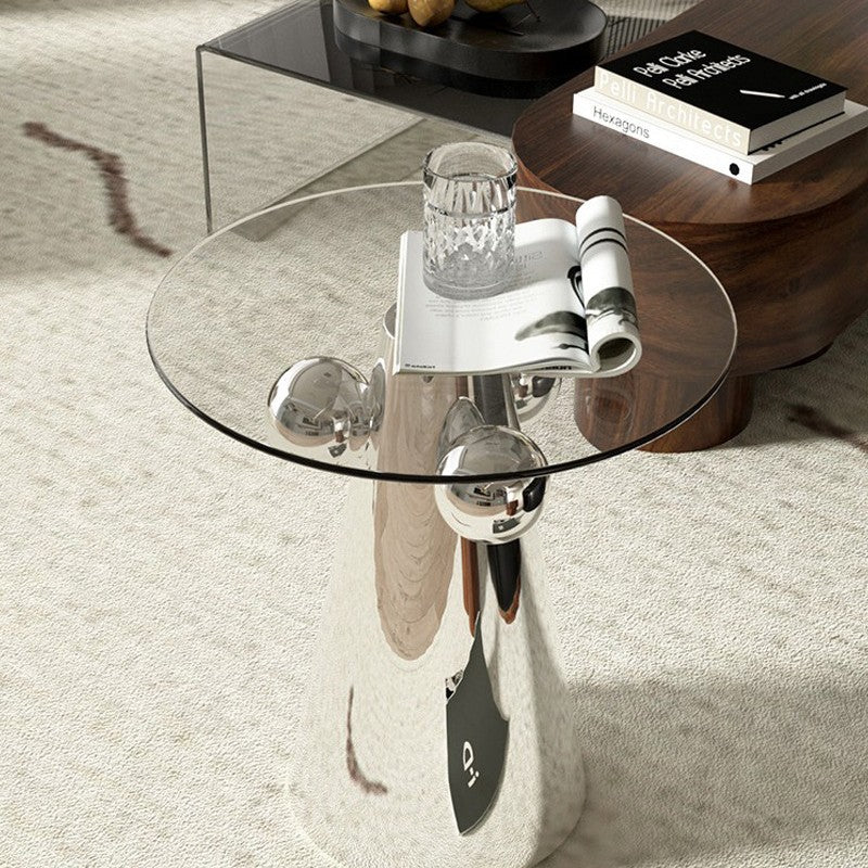 Modern Minimalist Round Tempered Glass Stainless Steel End Table Non-Slip Base For Living Room