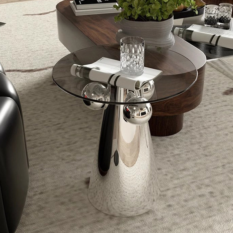 Modern Minimalist Round Tempered Glass Stainless Steel End Table Non-Slip Base For Living Room