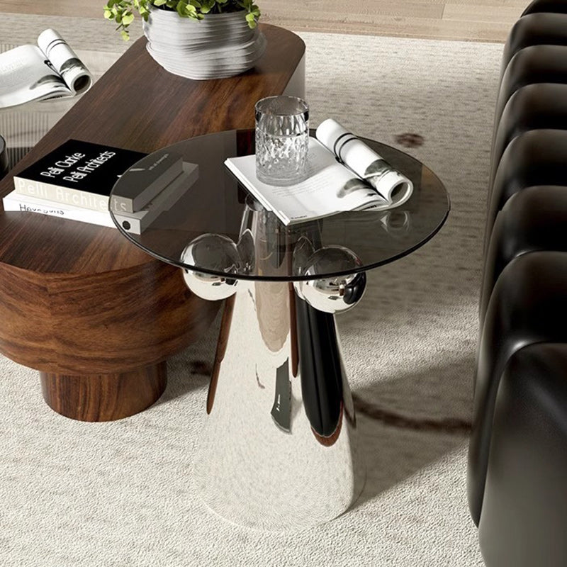 Modern Minimalist Round Tempered Glass Stainless Steel End Table Non-Slip Base For Living Room
