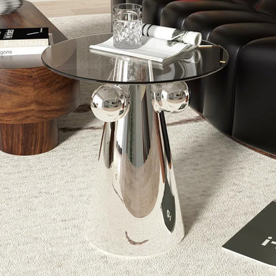 Modern Minimalist Round Tempered Glass Stainless Steel End Table Non-Slip Base For Living Room