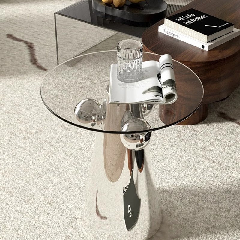 Modern Minimalist Round Tempered Glass Stainless Steel End Table Non-Slip Base For Living Room