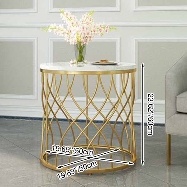Modern Minimalist Cylindrical Steel Stone End Table Openwork Design For Living Room
