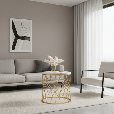 Modern Minimalist Cylindrical Steel Stone End Table Openwork Design For Living Room