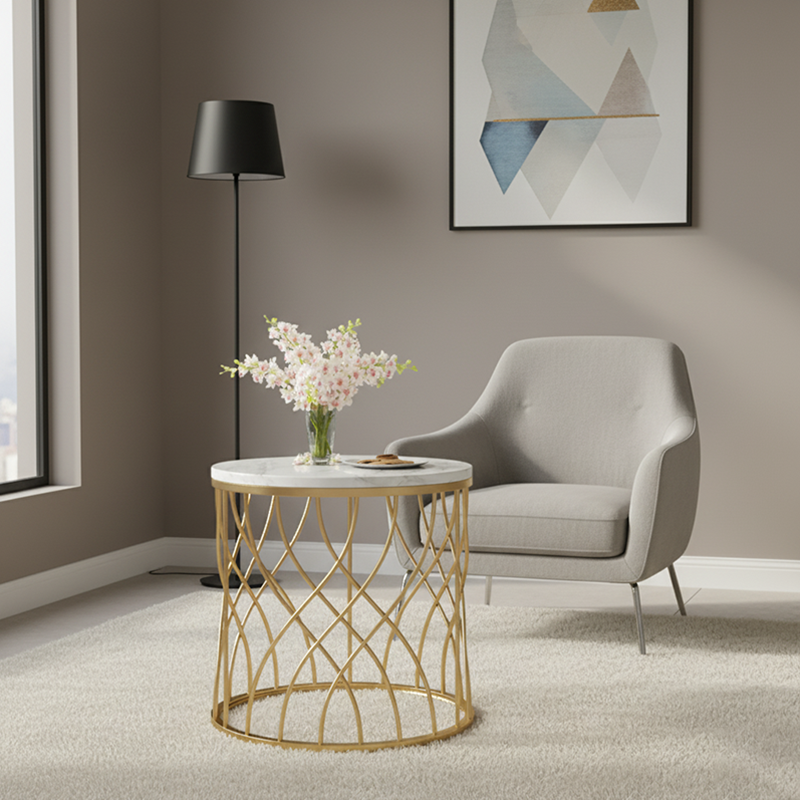 Modern Minimalist Cylindrical Steel Stone End Table Openwork Design For Living Room