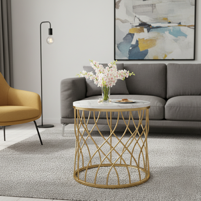 Modern Minimalist Cylindrical Steel Stone End Table Openwork Design For Living Room