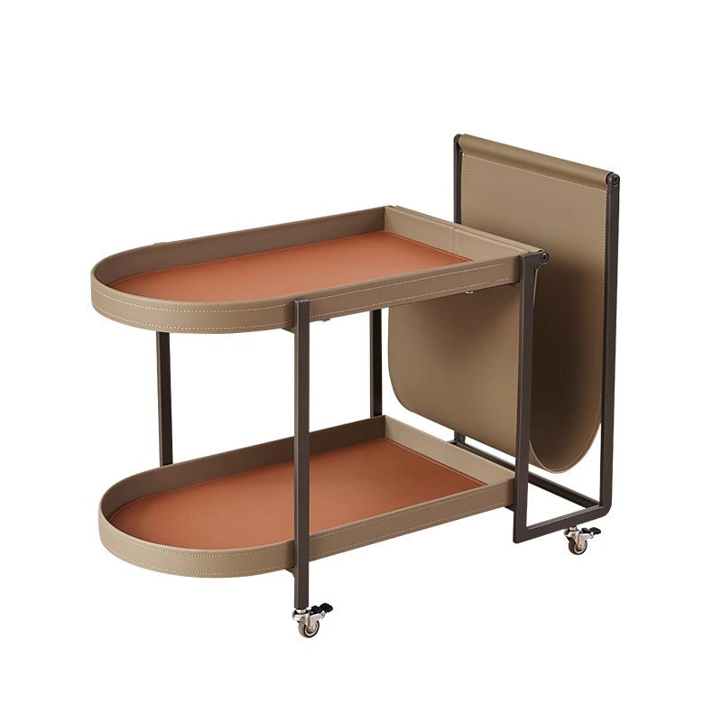 Modern Minimalist Rounded Rectangular Saddle Leather Carbon Steel End Table 2-Tier 4-Leg Movable For Living Room