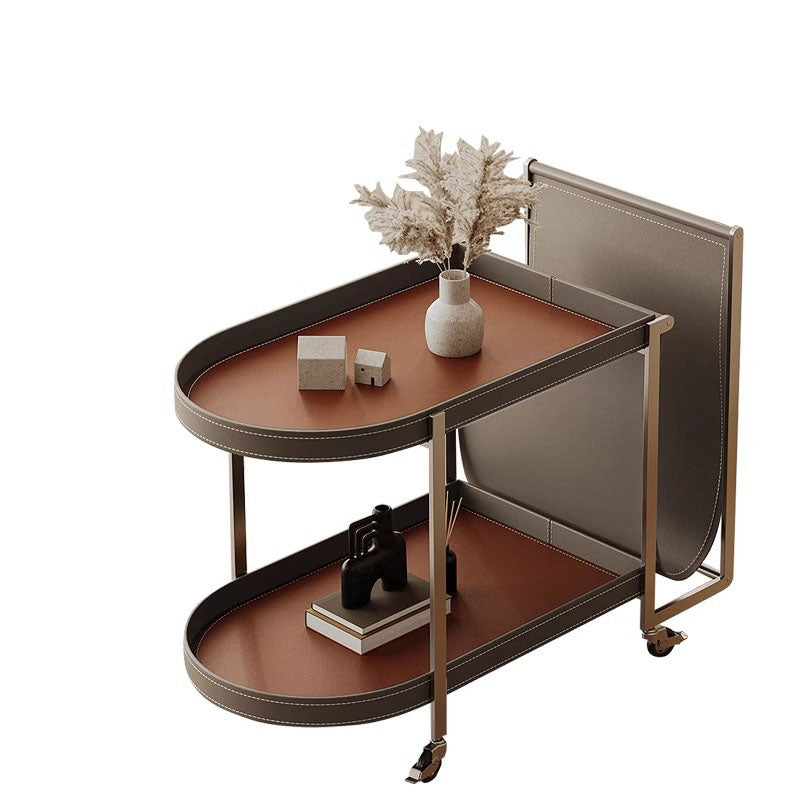 Modern Minimalist Rounded Rectangular Saddle Leather Carbon Steel End Table 2-Tier 4-Leg Movable For Living Room