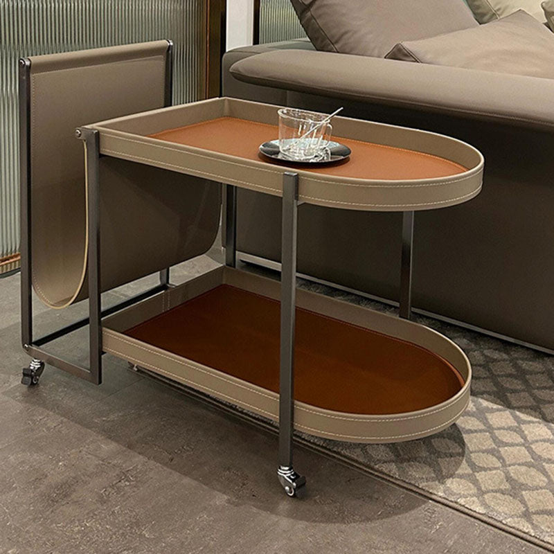 Modern Minimalist Rounded Rectangular Saddle Leather Carbon Steel End Table 2-Tier 4-Leg Movable For Living Room