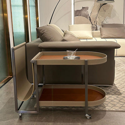 Modern Minimalist Rounded Rectangular Saddle Leather Carbon Steel End Table 2-Tier 4-Leg Movable For Living Room
