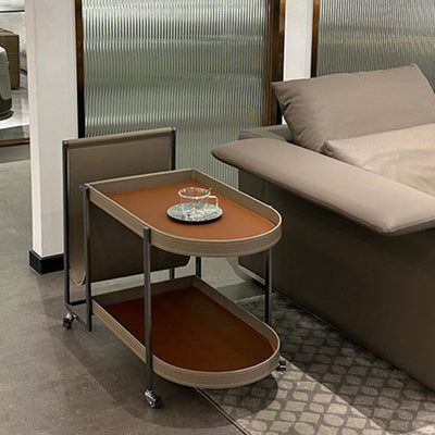 Modern Minimalist Rounded Rectangular Saddle Leather Carbon Steel End Table 2-Tier 4-Leg Movable For Living Room