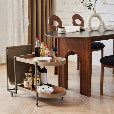 Modern Minimalist Rounded Rectangular Saddle Leather Carbon Steel End Table 2-Tier 4-Leg Movable For Living Room