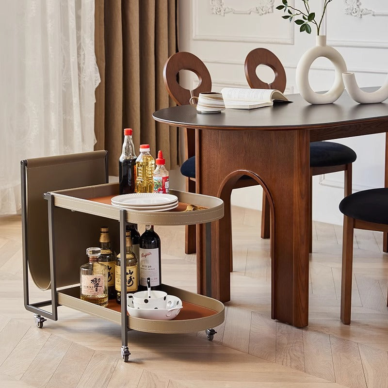 Modern Minimalist Rounded Rectangular Saddle Leather Carbon Steel End Table 2-Tier 4-Leg Movable For Living Room