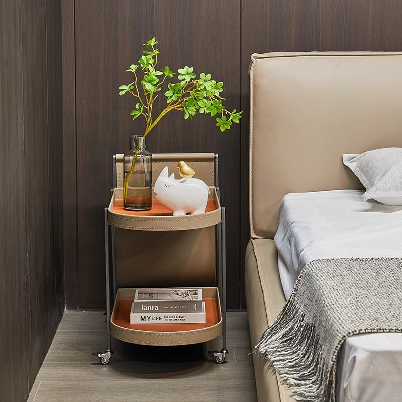 Modern Minimalist Rounded Rectangular Saddle Leather Carbon Steel End Table 2-Tier 4-Leg Movable For Living Room