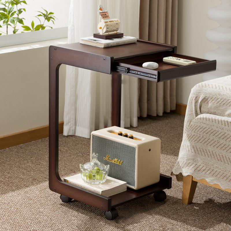 Modern Minimalist Rectangular Bamboo End Table 2-Tier 1-Drawer For Living Room
