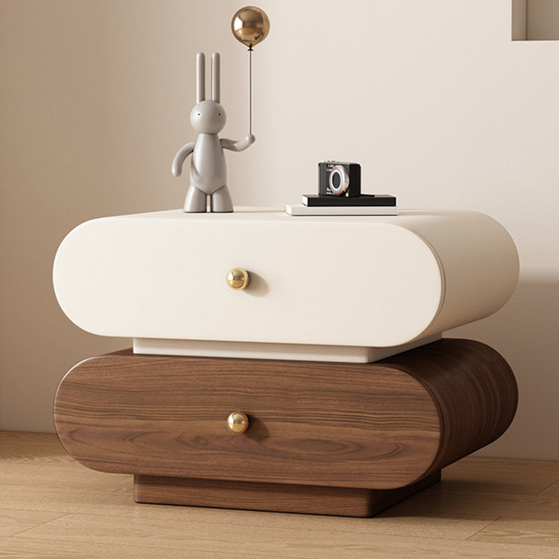 Modern Minimalist Oval Faux Leather Finger-Jointed Board Solid Wood Nightstand 2-Drawer For Bedroom