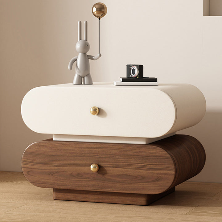 Modern Minimalist Oval Faux Leather Finger-Jointed Board Solid Wood Nightstand 2-Drawer For Bedroom