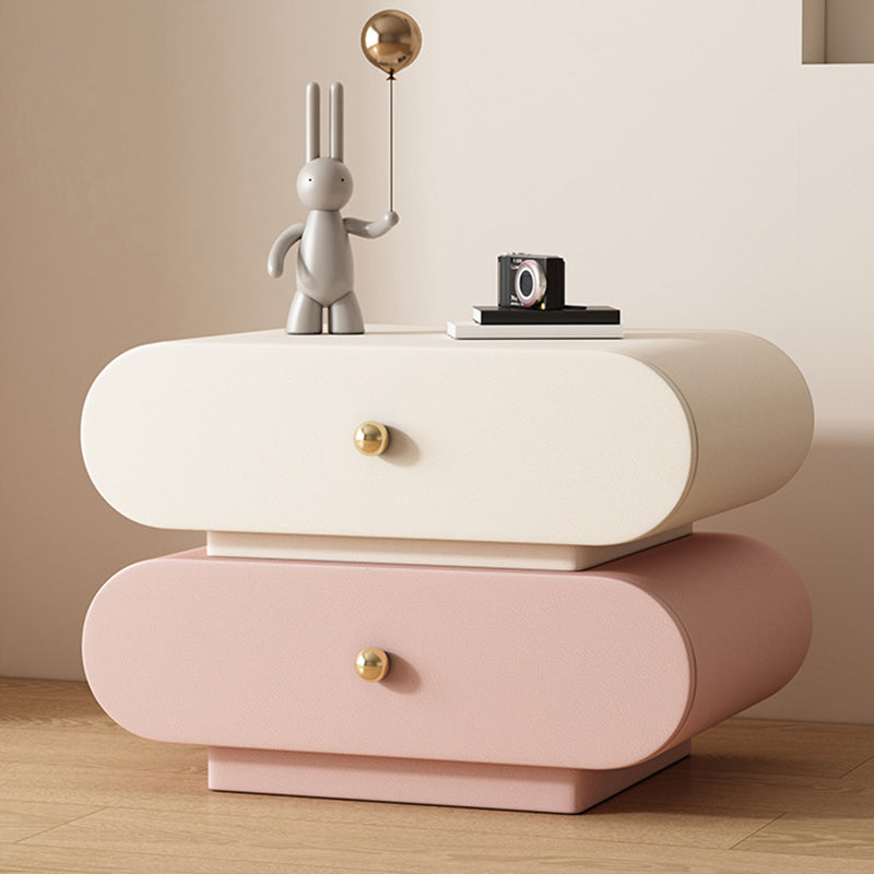 Modern Minimalist Oval Faux Leather Finger-Jointed Board Solid Wood Nightstand 2-Drawer For Bedroom