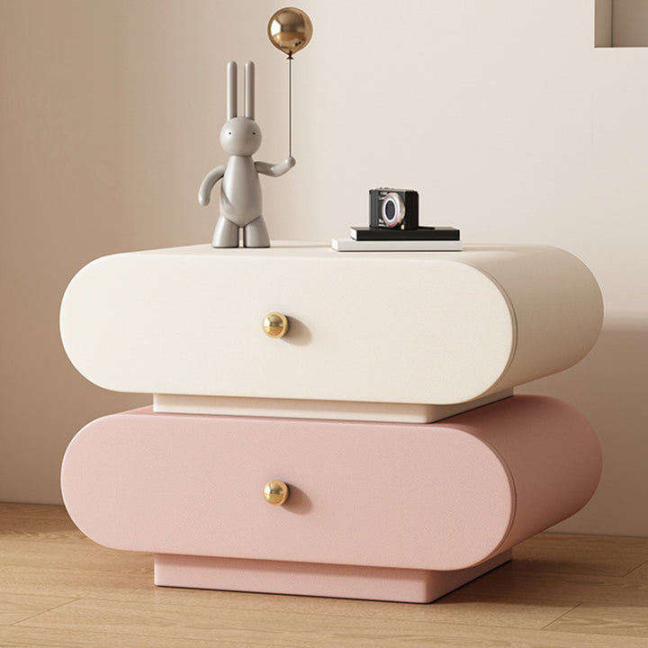 Modern Minimalist Oval Faux Leather Finger-Jointed Board Solid Wood Nightstand 2-Drawer For Bedroom