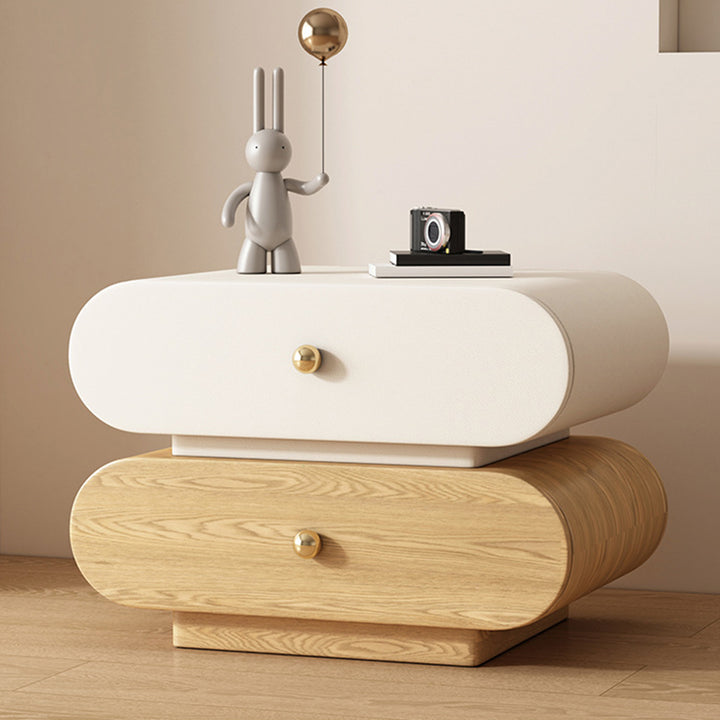 Modern Minimalist Oval Faux Leather Finger-Jointed Board Solid Wood Nightstand 2-Drawer For Bedroom