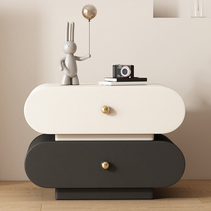 Modern Minimalist Oval Faux Leather Finger-Jointed Board Solid Wood Nightstand 2-Drawer For Bedroom