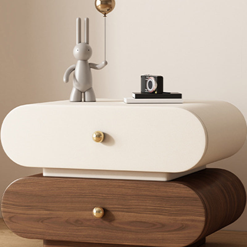Modern Minimalist Oval Faux Leather Finger-Jointed Board Solid Wood Nightstand 2-Drawer For Bedroom
